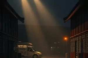 《北纬三十度的雨》封面:骑楼下连续不断的雨帘与一把收起的红伞